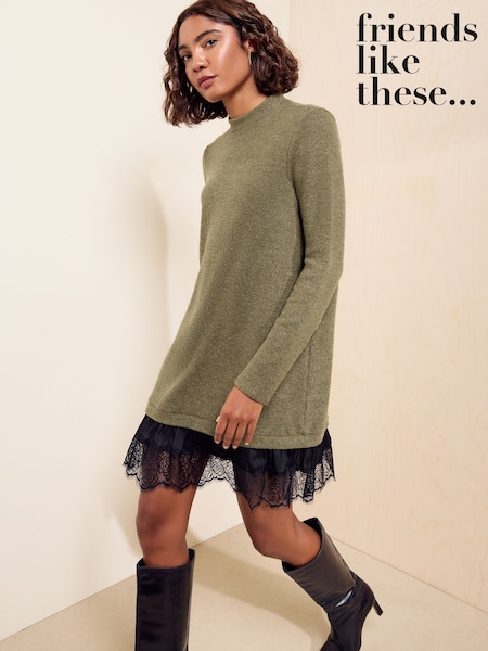 橄榄绿色 - Friends Like These Cosy Lace Hem Mini Dress