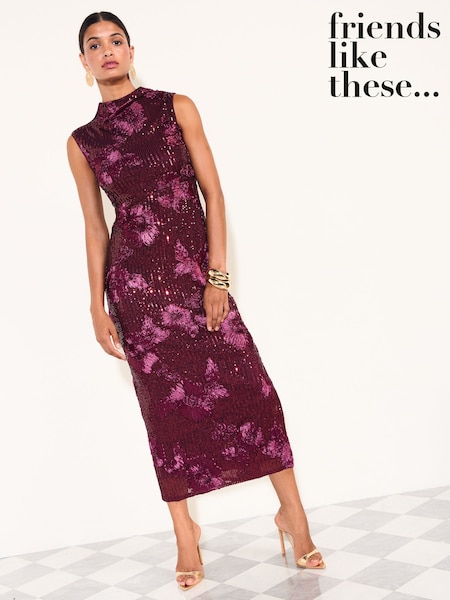 Aubergine Purple - Friends Like These Sequin Floral Column Midi Dress