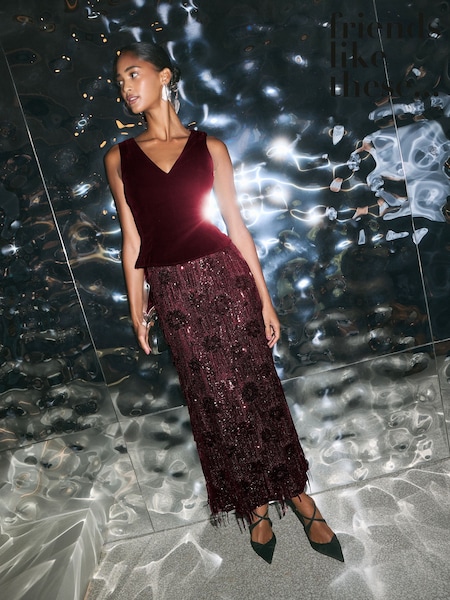 Rouge bordeaux - Friends Like These Fringe Sequin Velvet 2 In 1 Midi Dress