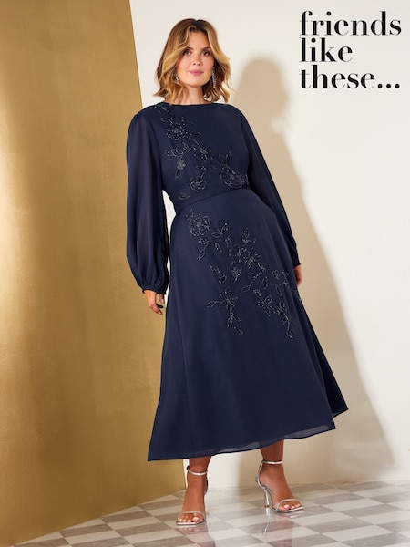 Dəniz - Friends Like These Floral Embellished Chiffon Long Sleeve Midi Dress