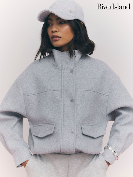 River Island Grey Faux Wool Funnel Neck Bomber Jacket (V68468) | SGD 95