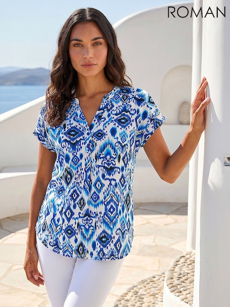 Albastru - Roman Ikat Print Stretch Top
