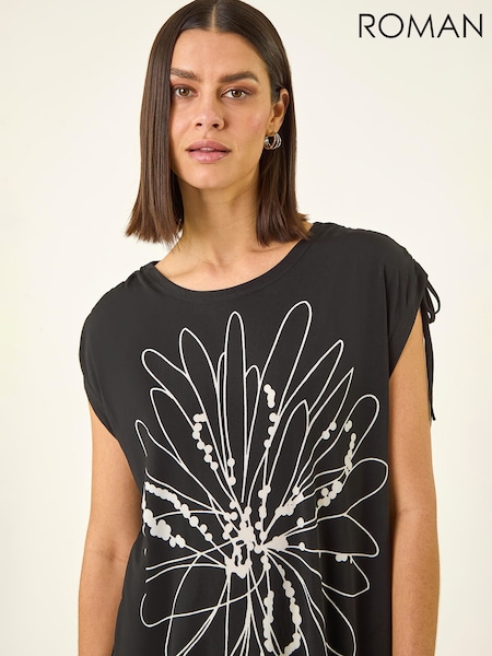 Roman Black Floral Print Stretch Tunic Top (V68623) | 279 SAR