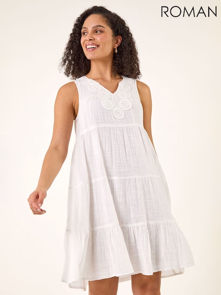 Roman White Cotton Trim Detail Smock Dress (V68624) | SGD 93