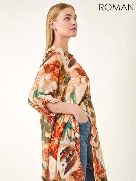 Roman Orange Abstract Print Button Longline Blouse (V68751) | €80