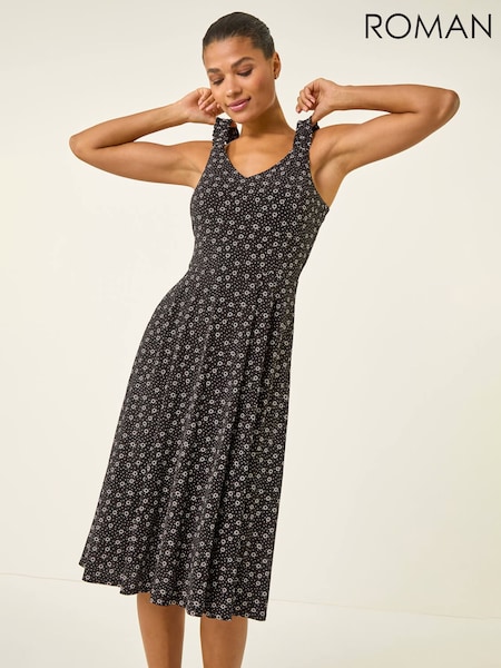 Roman Black Floral Spot Print Midi Dress (V68753) | AED378