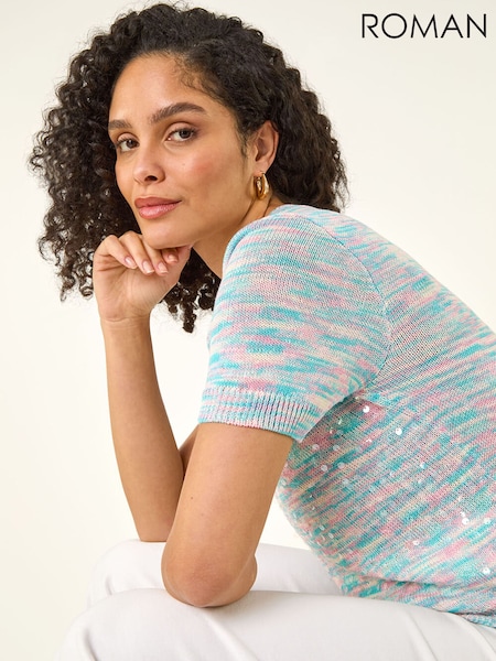 Roman Blue Sequin Knitted Top (V68793) | €53