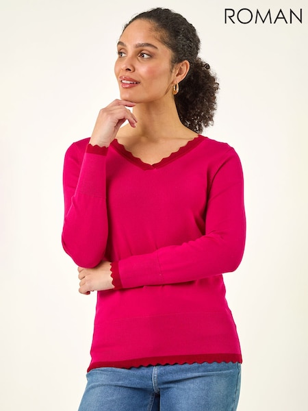 Roman Pink V-Neck Scallop Hem Knit Jumper (V68810) | kr625