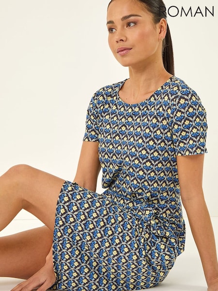 Roman Blue Petite Floral Pocket Midi Dress (V68858) | $120