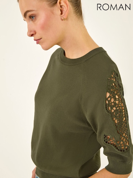 Roman Green Crochet Sleeve Knit Top (V68953) | $105
