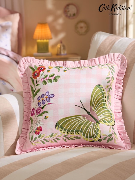 وسادة كرسي قطن بنقشة مربعات مطرَّزة بفراشات من Cath Kidston