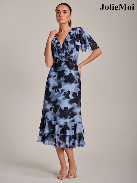 Jolie Moi Blue Ruffle Detail Ruched Mesh Midaxi Dress (V69005) | ₪427