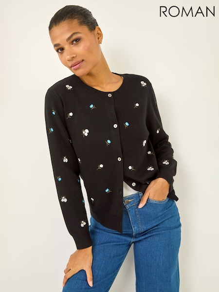 Roman Black Floral Embroidered Knit Cardigan (V69033) | SGD 93