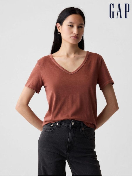 Gap Brown Cotton Short Sleeve Vintage V-Neck T-Shirt (V69036) | €11.50