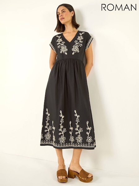 Roman Black Embroidered V-Neck Midi Dress (V69046) | €93