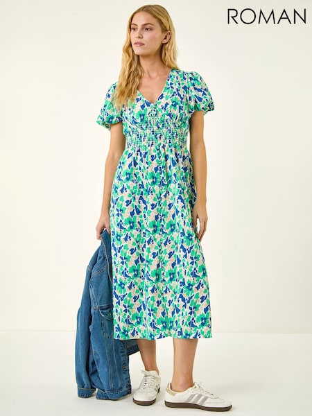 Roman Green Abstract Shirred Waist Midi Dress (V69047) | 398 SAR