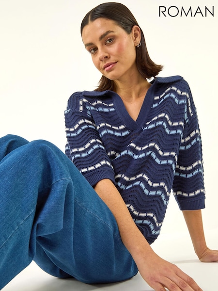 Roman Blue Stripe Wave Knit Polo Top (V69051) | AED306