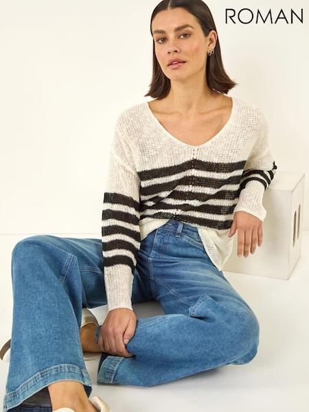 לבן - Roman Stripe V-Neck Knit Jumper (V69082) | ‏330‏₪