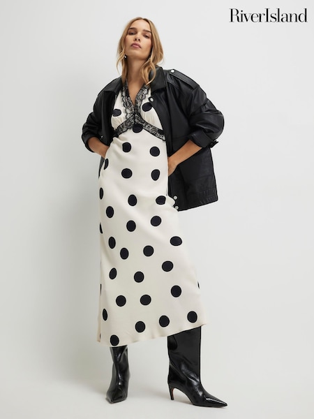 River Island White Short Sleeve Polka Dot Satin Slip Dress (V69131) | SGD 114