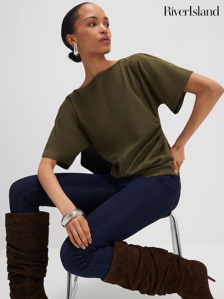 River Island Green Faux Suede Short Sleeve Ruched Side Top (V69139) | 225 SAR