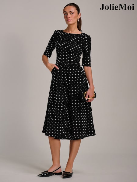Jolie Moi Black Printed Scuba Fold Collar Midi Dress (V69299) | AED437