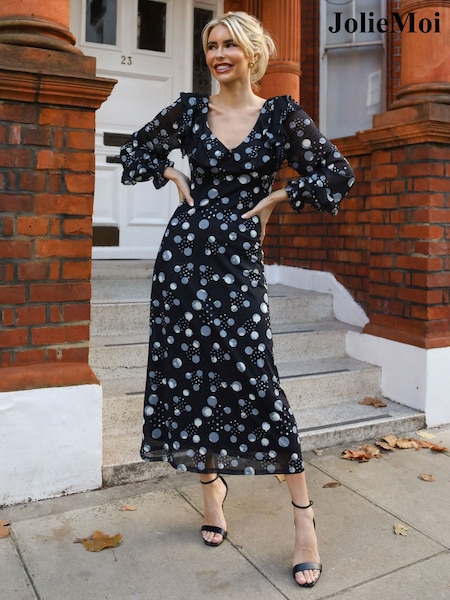 Black Polka Dots - Jolie Moi Ruffle V-Neck Long Sleeve Mesh Midaxi Dress (V69301) | ‏377‏₪