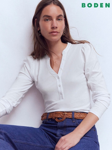 Boden White Supersoft Open Neck Henley T-Shirt (V69349) | AED227