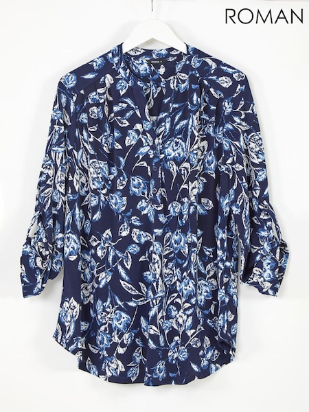 Roman Blue Curve Puff Print Stretch Shirt (V69371) | $105