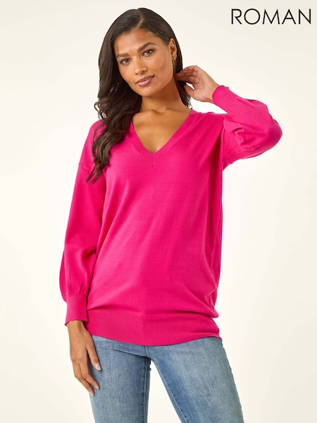 Roman Pink Plain V-Neck Stretch Jumper (V69607) | $80