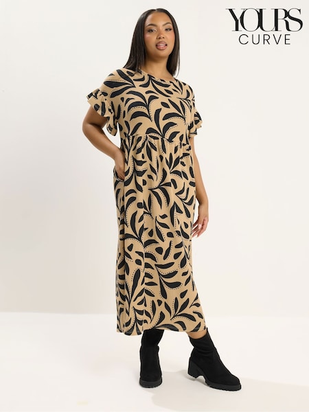 Yours Curve Brown Frill Sleeve Dress (V69707) | AED198