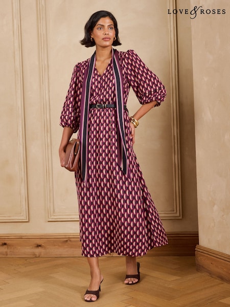 Purple Geo - Love & Roses Tie Neck Belted Midi Dress