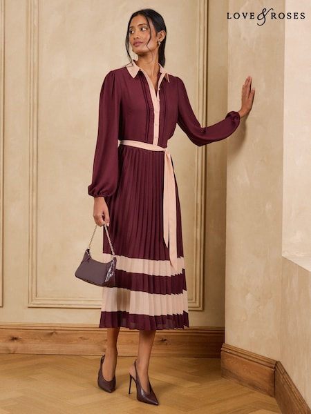 Burgundy Red - Love & Roses Colourblock Pleated Belted Midi Shirt Dress