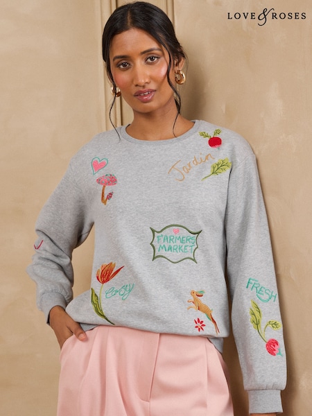 Szary - Love & Roses Embrodidered Motif Sweatshirt