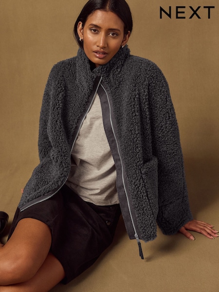 Charcoal Grey - Funnel Neck Zip Through Borg Jacket
