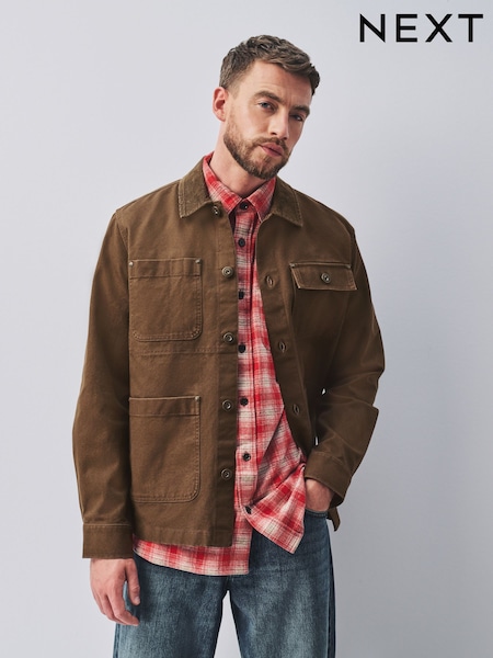Коричнево-шоколадный - Regular Canvas Cord Collar Shacket