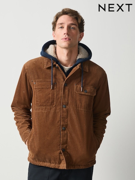 Brown - Regular Quilted Cord Borg Lined Hoodie Shacket