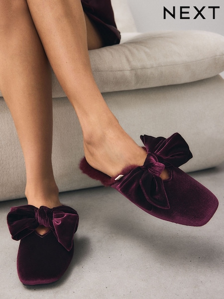 أحمر عنابي - Velvet Bow Faux Fur Lined Mule Slippers