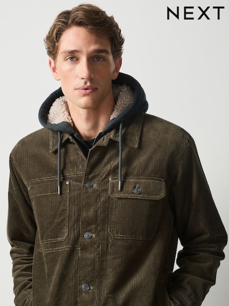 Khaki Green - Regular Quilted Cord Borg Lined Hoodie Shacket