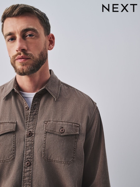 Chocolate Brown - Regular Garment Dye Washed Long Sleeve Overshirt