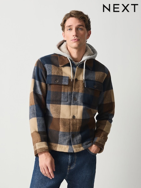 네이비 블루와 브라운 - Regular Borg Lined Hooded Check Shacket