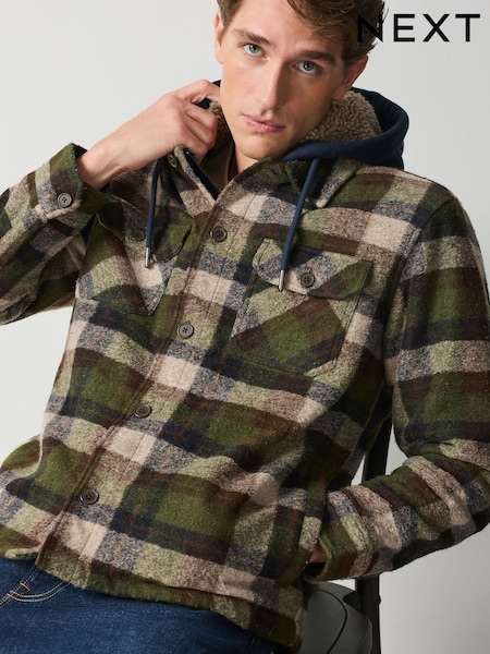أخضر - Regular Borg Lined Hooded Check Shacket