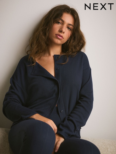 Navy Blue - Cosy Pointelle Thermal Cardigan