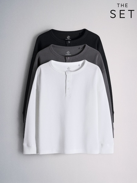 Black/Grey - The Set Long Sleeve Waffle Henley T-shirts 3 Pack