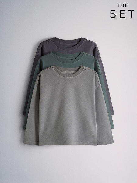 Navy - Long Sleeve Washed T-shirts 3 Pack