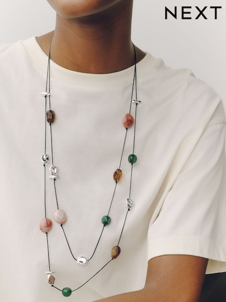 Silver Tone - Beaded Cord Long Necklace