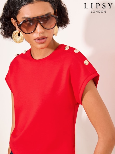 Rot - Lipsy Military Button Detail Round Neck T-shirt