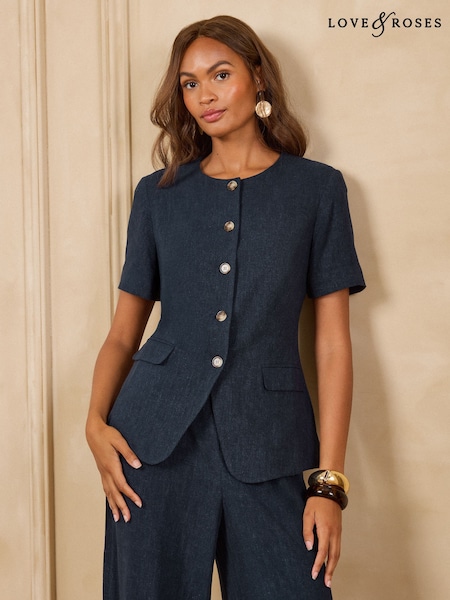 Navy - Love & Roses Viscose / Linen Blend Short Sleeve Waistcoat