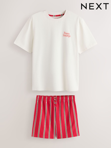 Red/White - Shorts Set Happy Holidays Stripe Family Matching Christmas Pyjamas Set