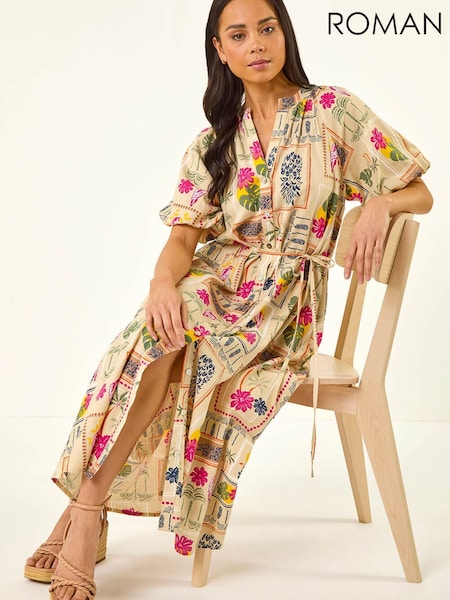 Roman Brown Petite Postcard Tie Waist Midi Dress (V71275) | $137