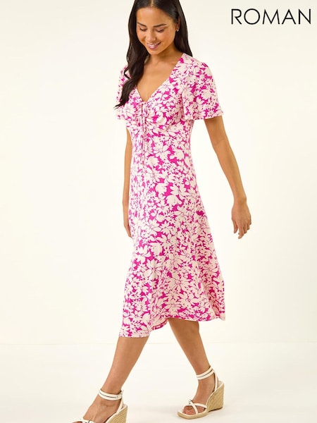 Roman Pink Petite Floral Print Ruched Midi Dress (V71277) | $125